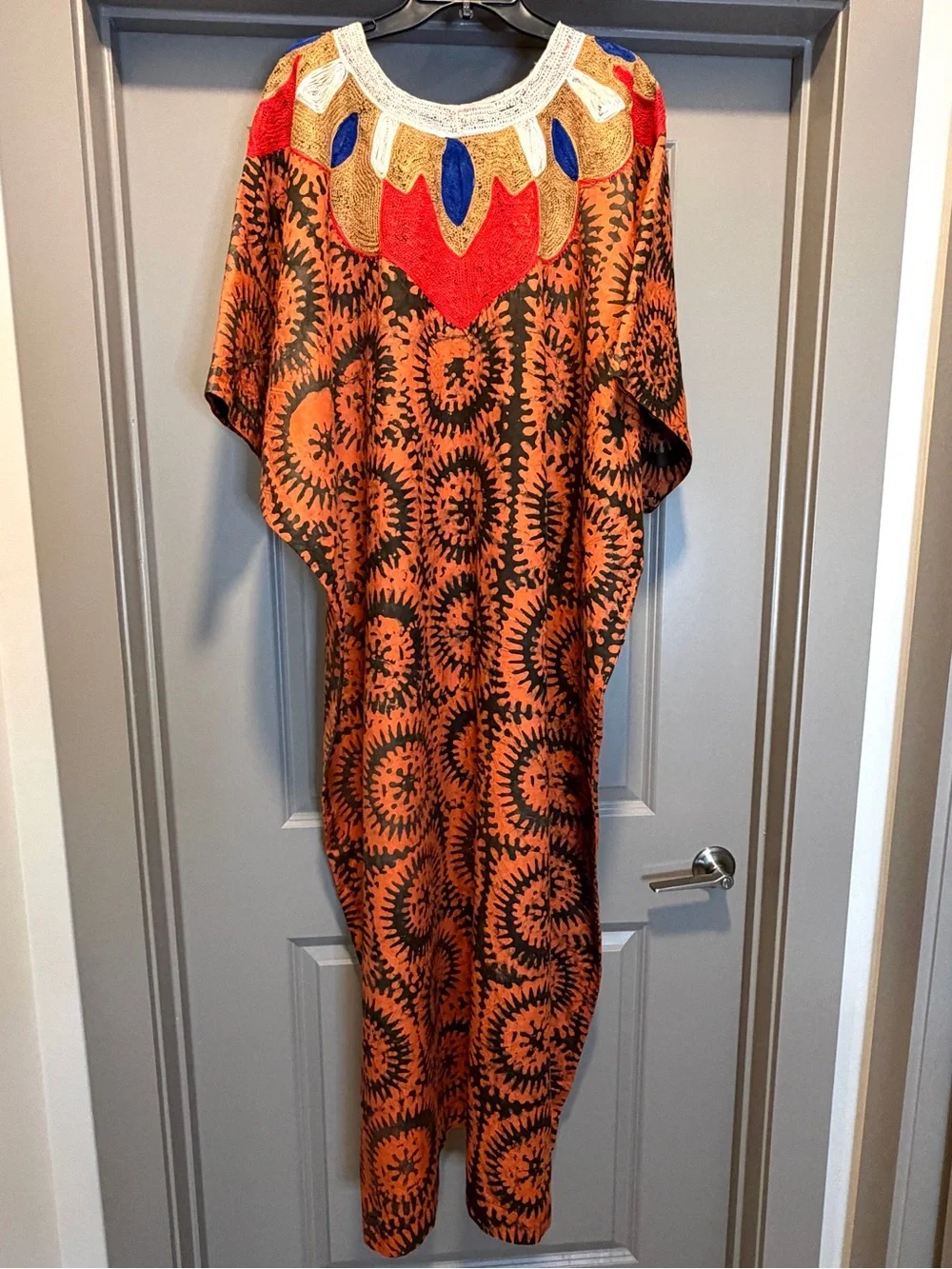 African 2 pc Bubu Kaftan Dress Mudcloth Print Brown Orange Embroidered Neckline